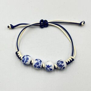 VTG Boho Blue & White Floral Ceramic Bead Cord Slider Bracelet Chinoiserie Style